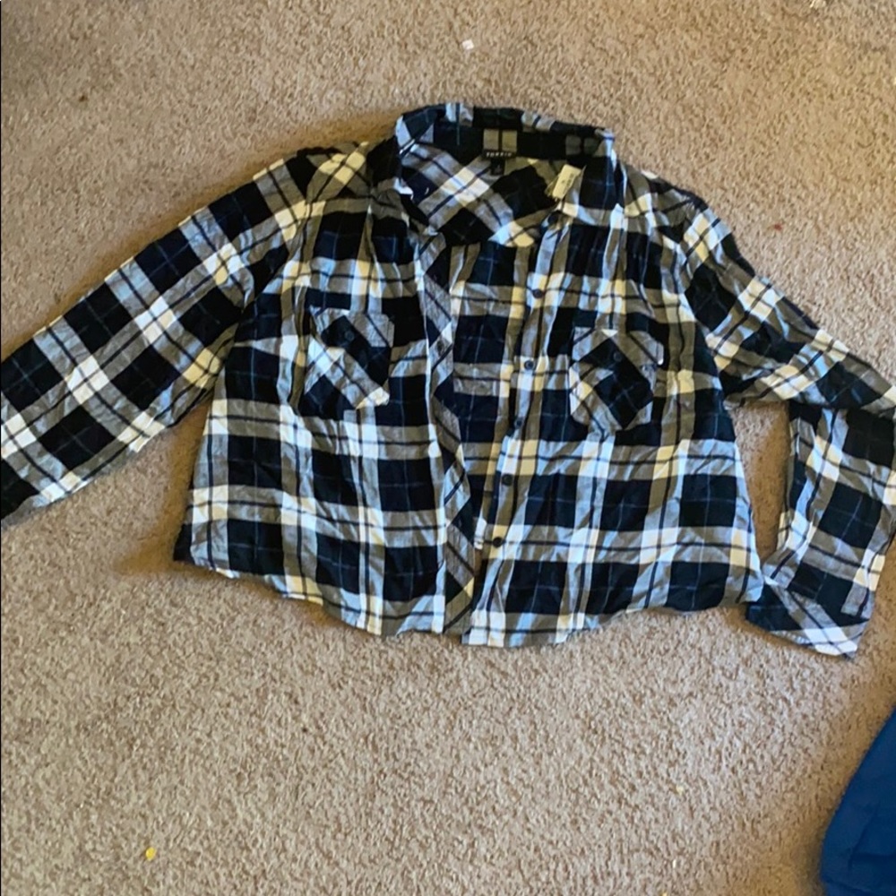 Black plaid short button up top